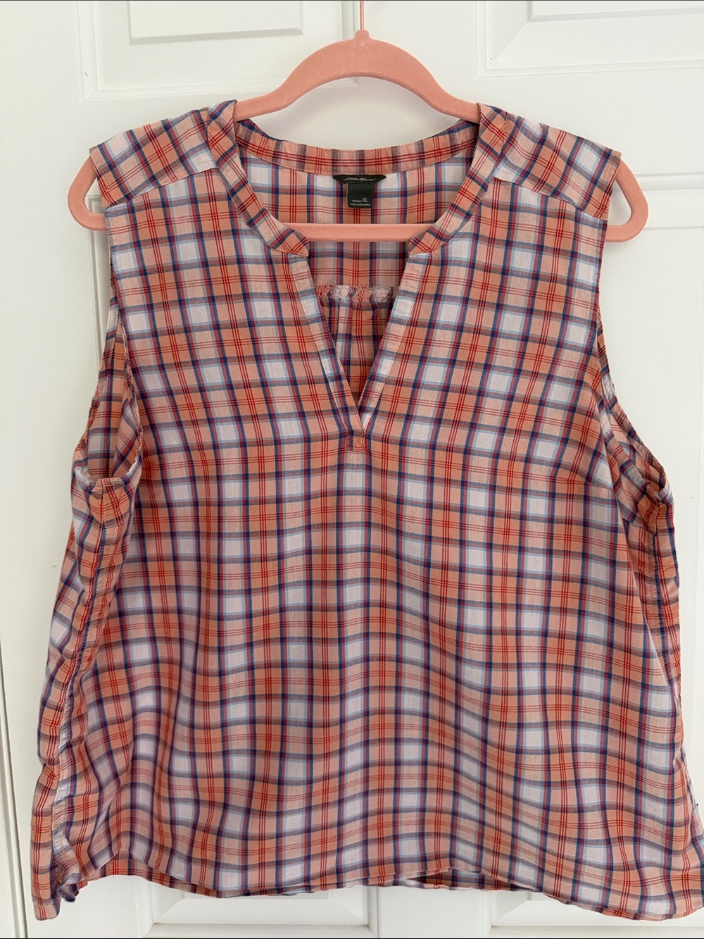 Eddie Bauer Orange and Blue Plaid Sleeveless V-Neck Tank